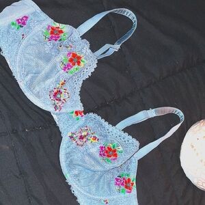 Blue Floral Embroidered Lace Bra
